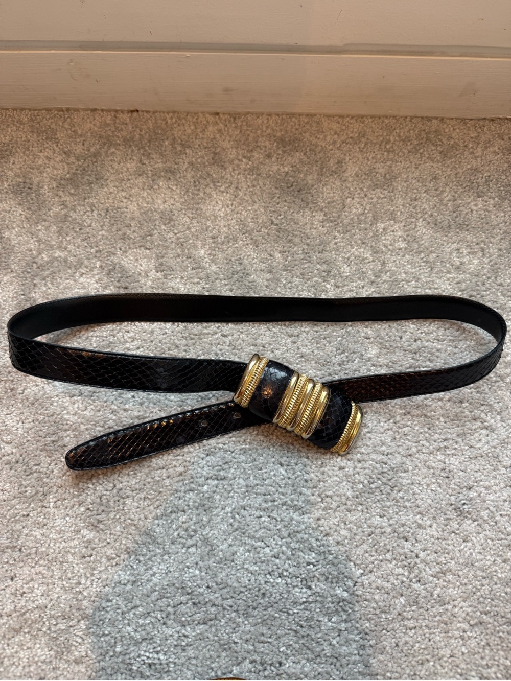 Vintage Stylish black snakeskin leather belt with gold ring accents